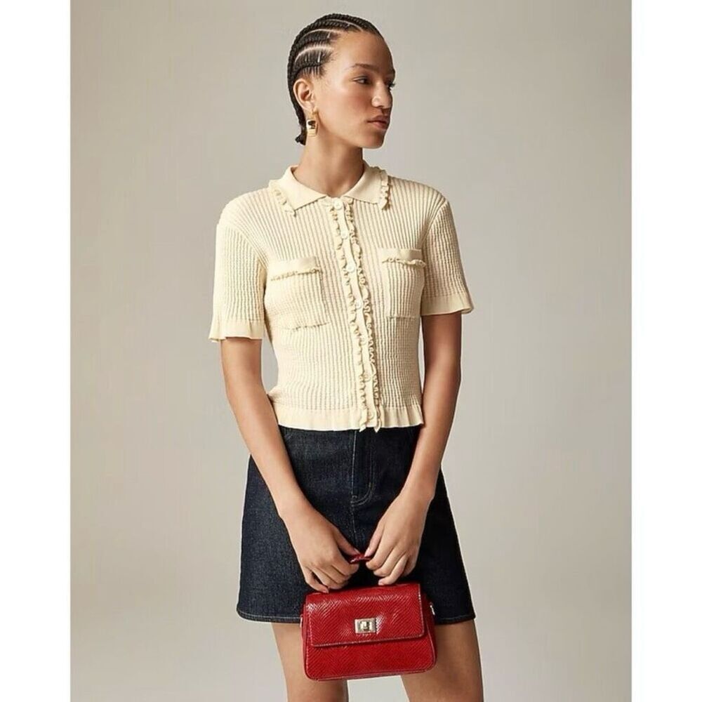 J. Crew Cream Short-Sleeve Ribbed Cardigan